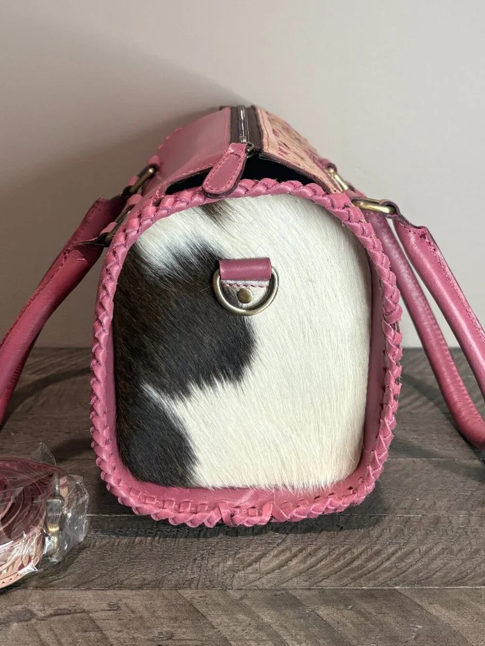 Handcrafted Tooled Leather Cowhide Handbag Pink Floral Spade Western Satchel